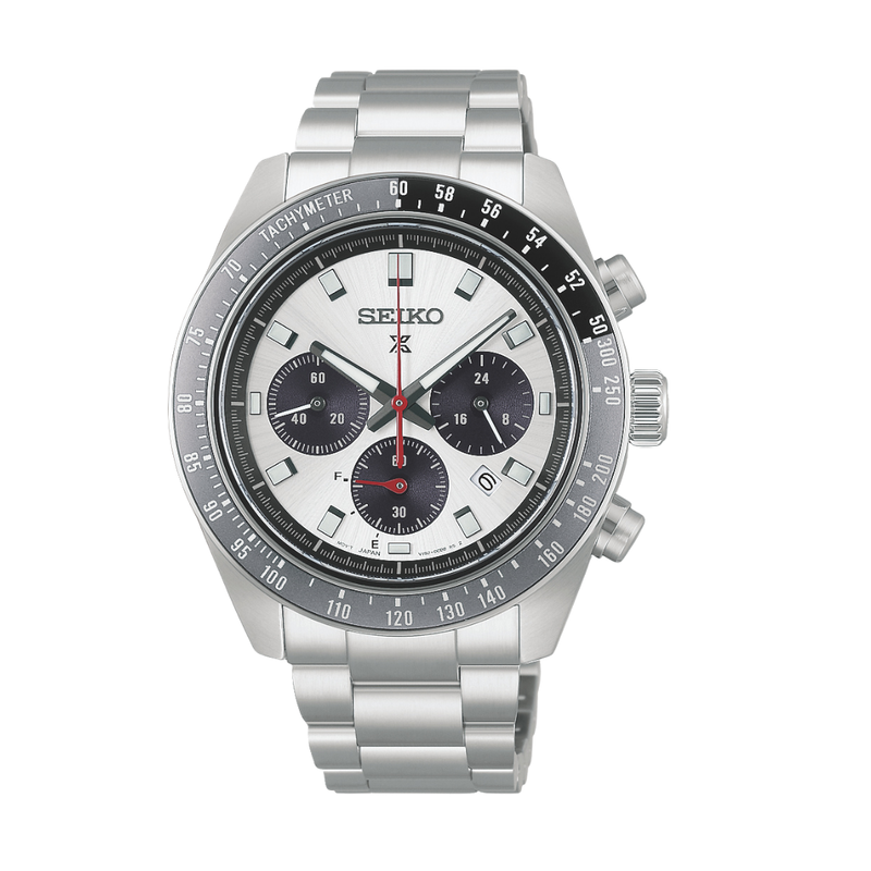 seiko prospex solar speedtimer chronograph in silver dial and stainless steel bracelet men watch front view