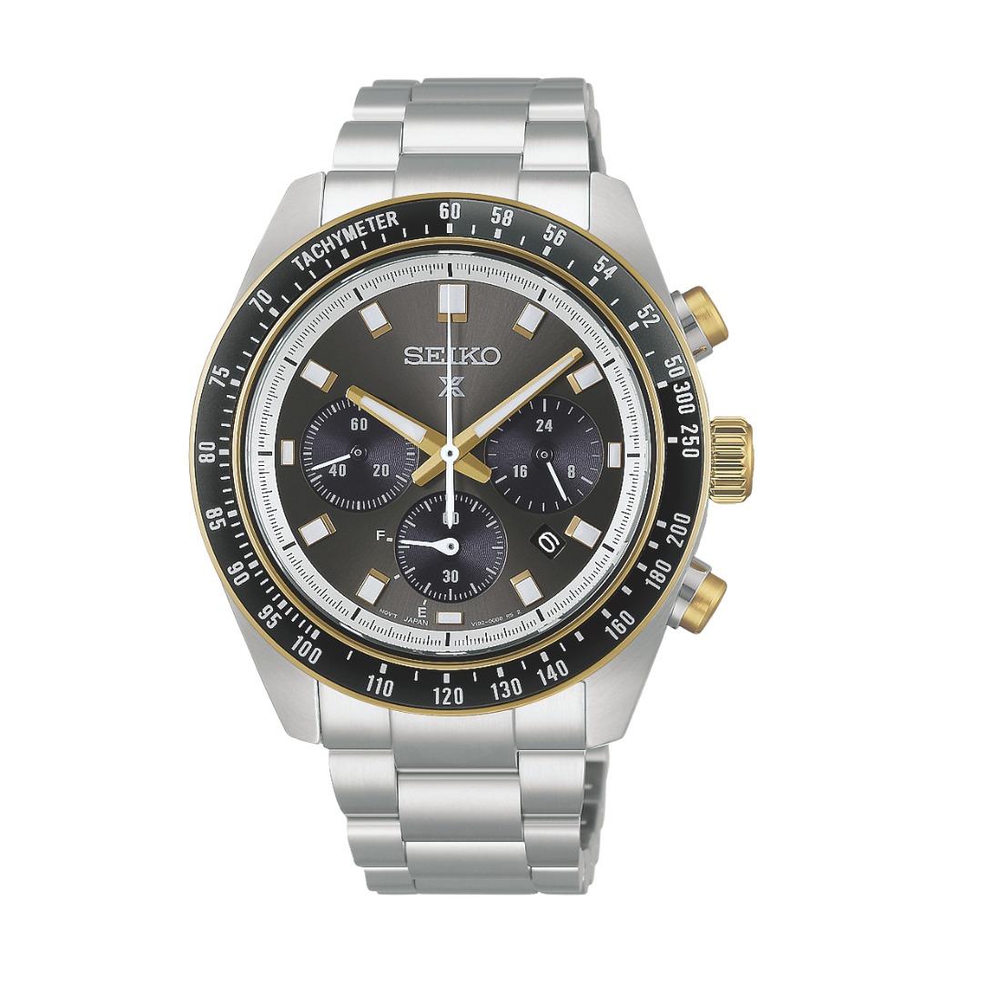 seiko prospex solar speedtimer chronograph in champagne gold dial and silver stainless steel bracelet men watch front view