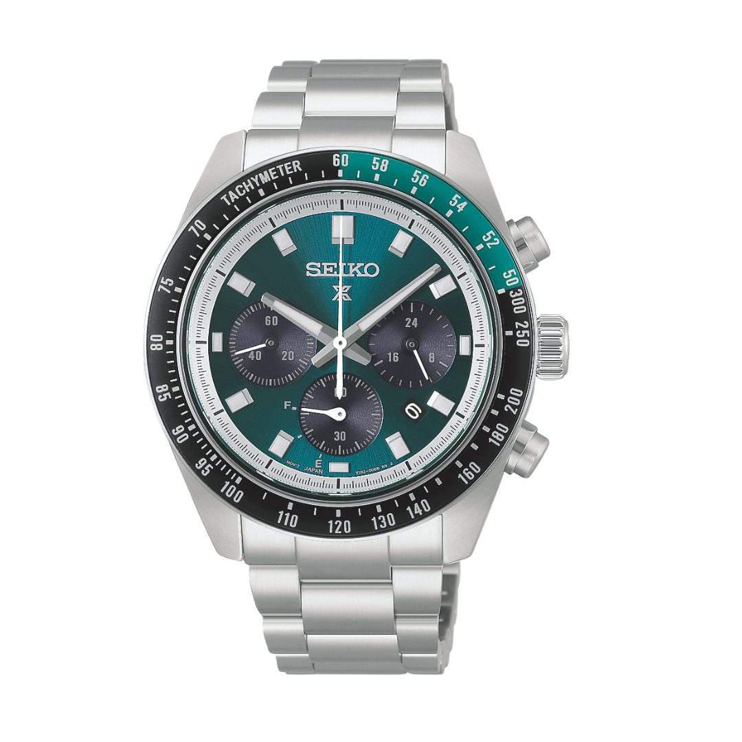 seiko prospex solar speedtimer chronograph in racing green dial and silver stainless steel bracelet men watch front view