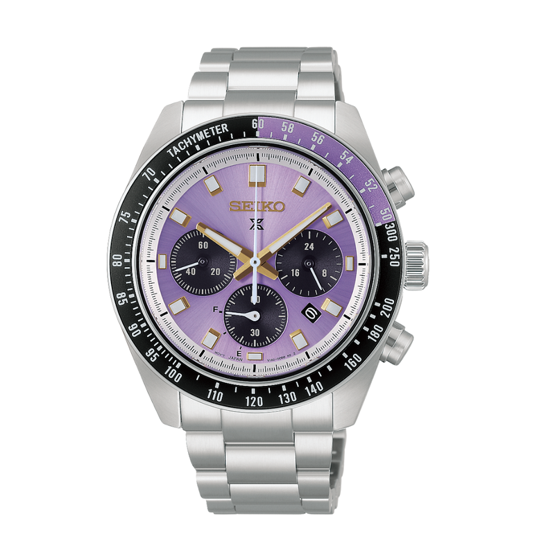 seiko prospex speedtimer 145th anniversary limited edition chronograph in purple dial and silver stainless steel solar men watch front view 