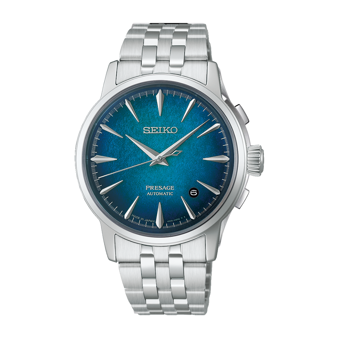 seiko presage cocktail time blue textured dial stainless steel bracelet men watch front view