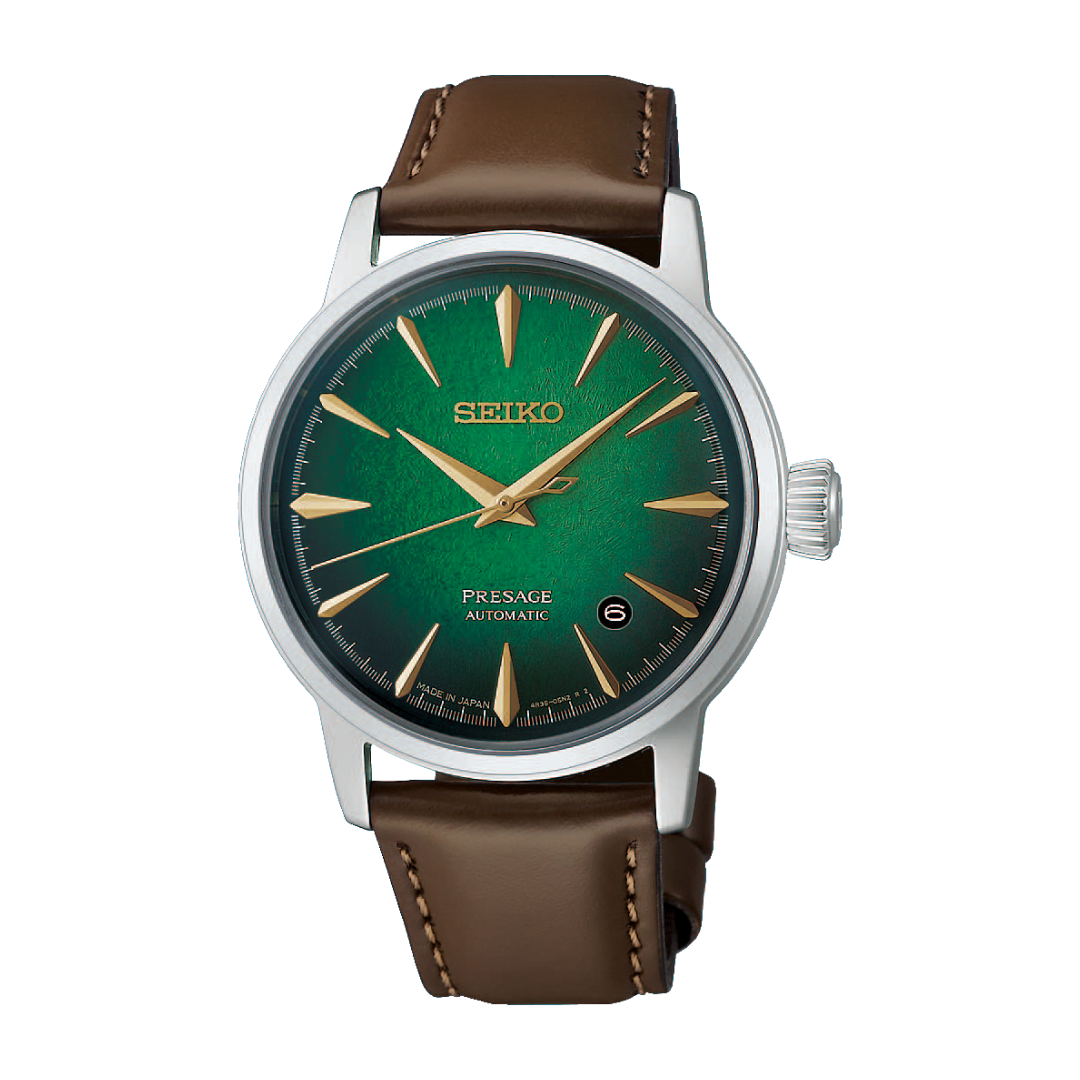 seiko presage cocktail time green textured dial brown leather strap men watch front view