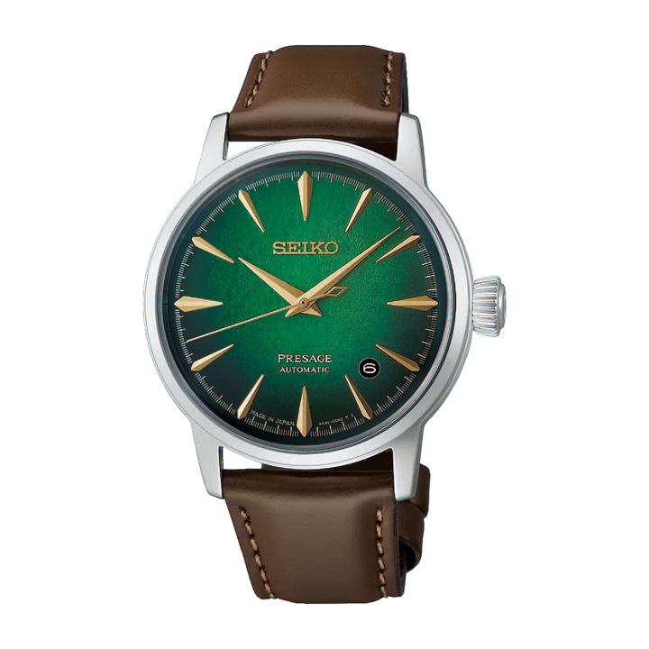 seiko presage cocktail time green textured dial brown leather strap men watch front view