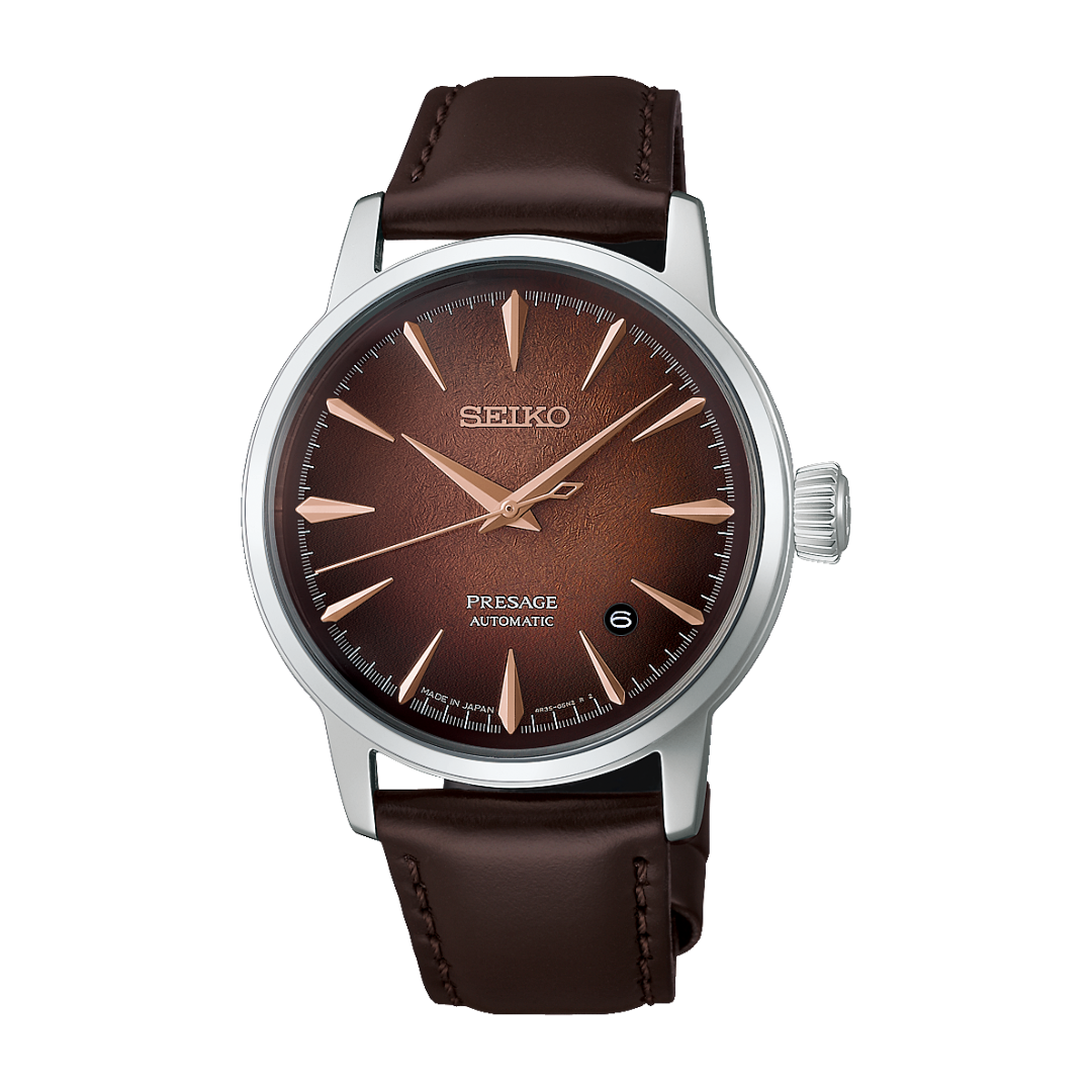 seiko presage cocktail brown textured dial dark brown leather strap men watch front view