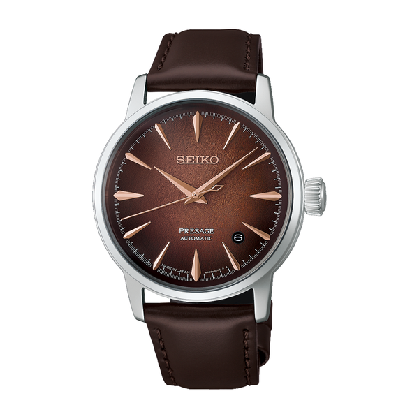 seiko presage cocktail brown textured dial dark brown leather strap men watch front view