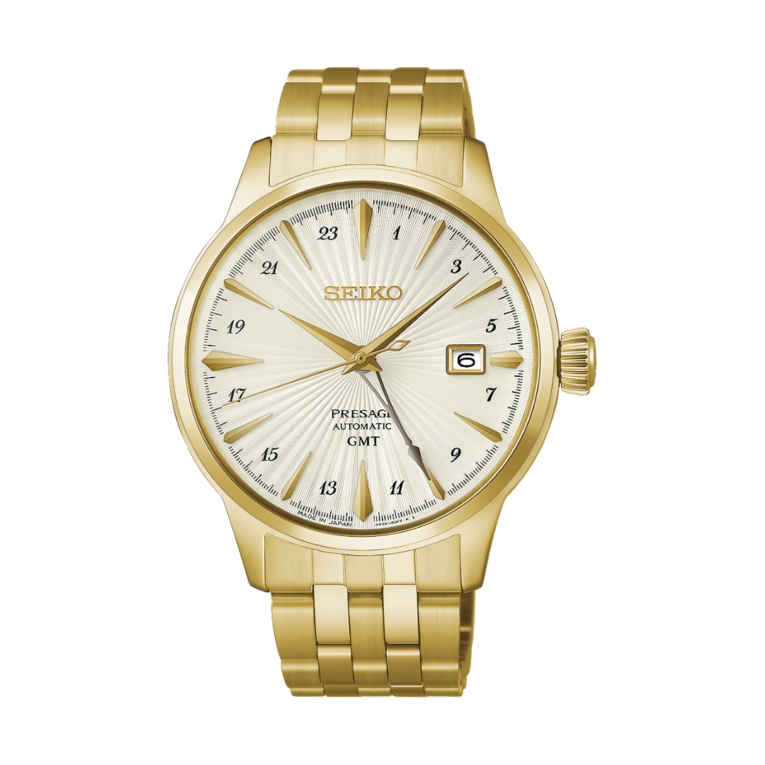 seiko presage cocktail time 3 hands date gmt in champagne dial and gold tone stainless steel bracelet automatic men watch front view 