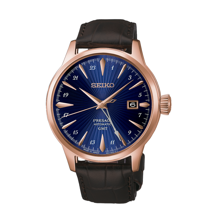 seiko presage cocktail time automatic gmt  3 hands date in blue dial and dark brown leather strap men watch front view