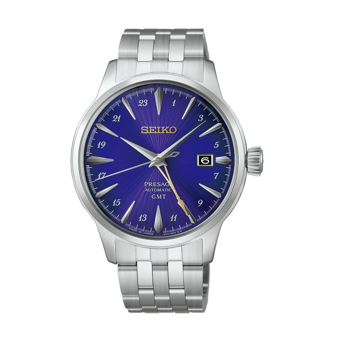 seiko presage cocktail time gmt 145th anniversary limited edition in purple dial and silver stainless steel bracelet automatic men watch front view