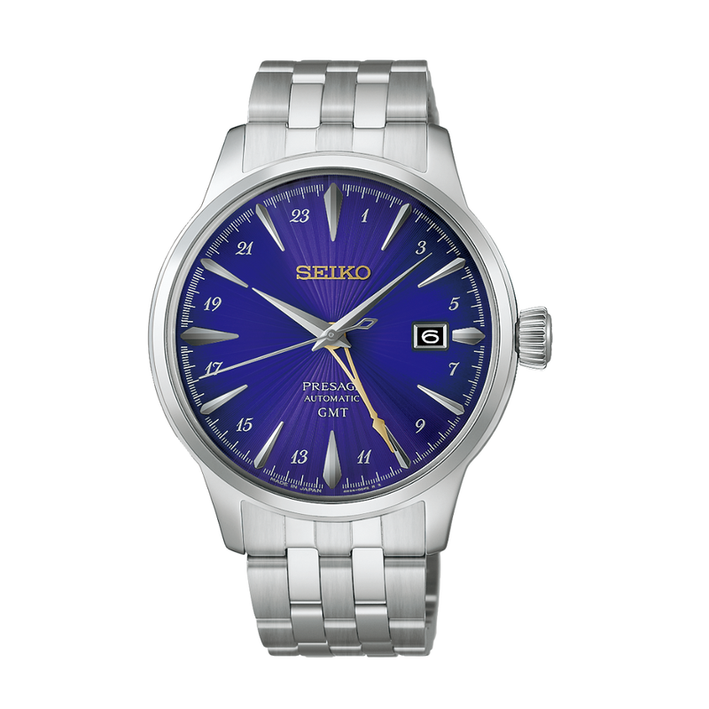 seiko presage cocktail time gmt 145th anniversary limited edition in purple dial and silver stainless steel bracelet automatic men watch front view