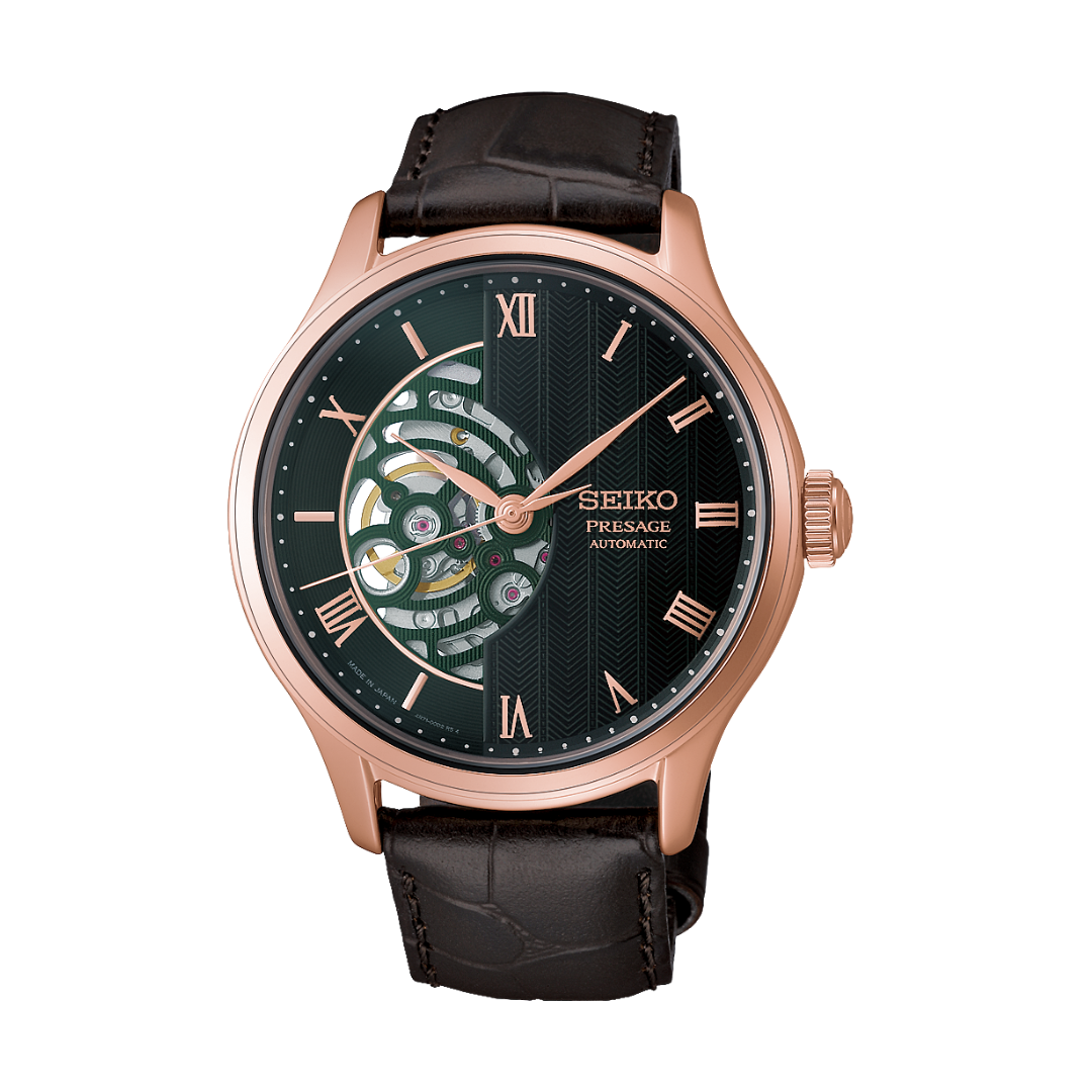 seiko presage 3 hands automatic in dark green open heart dial and rose gold indicators with dark brown leather strap men watch front view