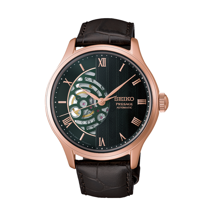 seiko presage 3 hands automatic in dark green open heart dial and rose gold indicators with dark brown leather strap men watch front view
