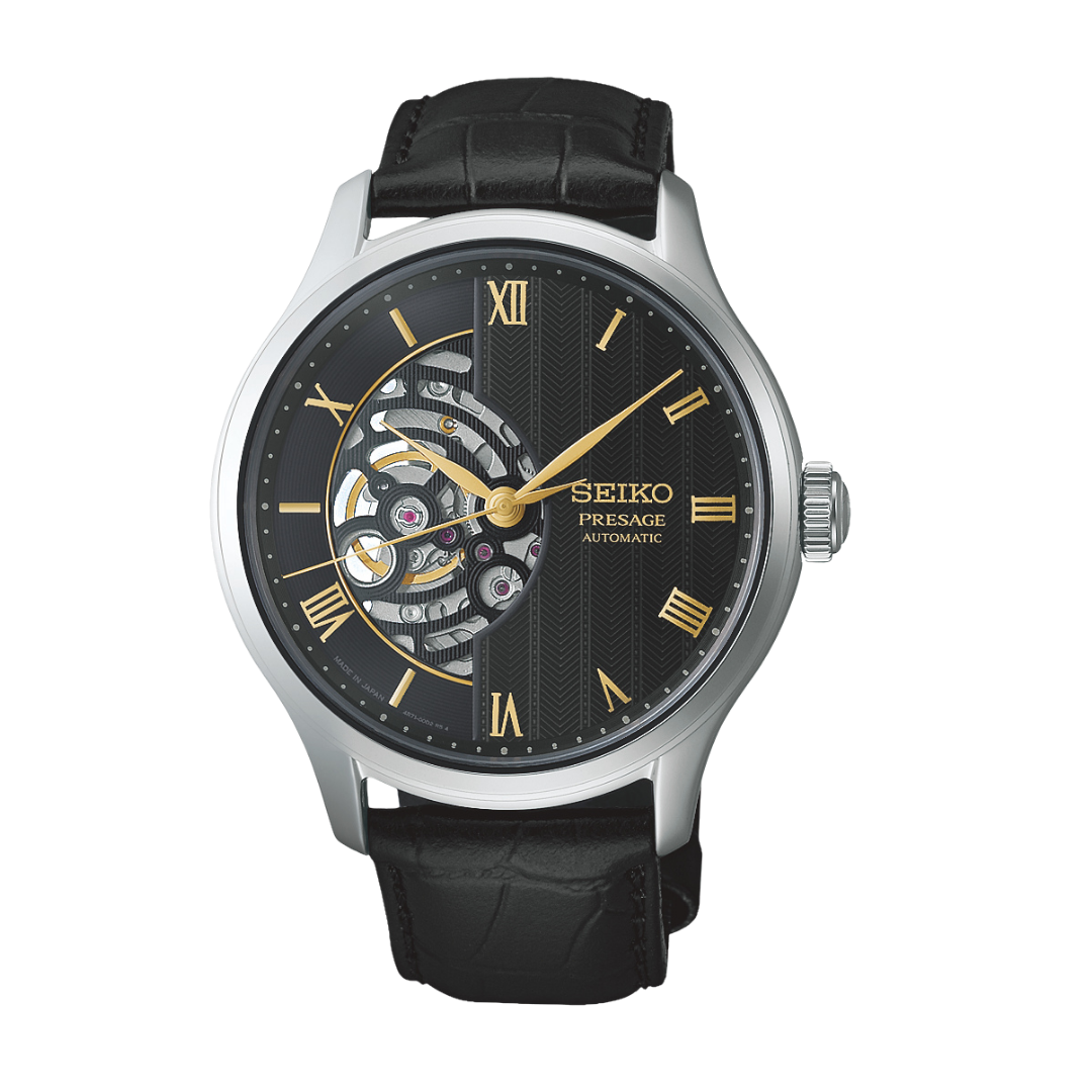 seiko presage japanese garden 3 hands dial in skeleton black dial and black leather strap automatic men watch front view