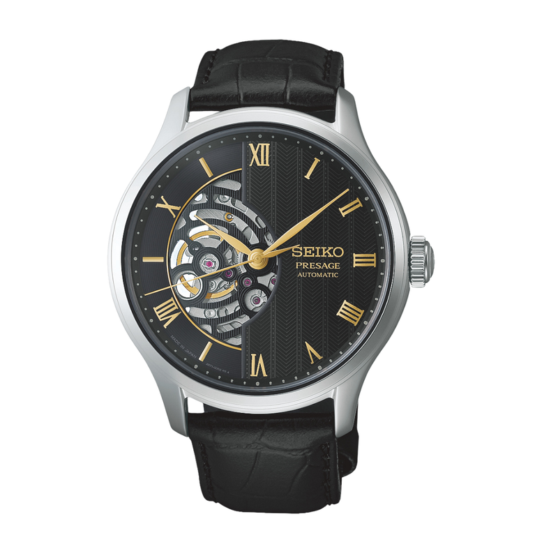 seiko presage japanese garden 3 hands dial in skeleton black dial and black leather strap automatic men watch front view