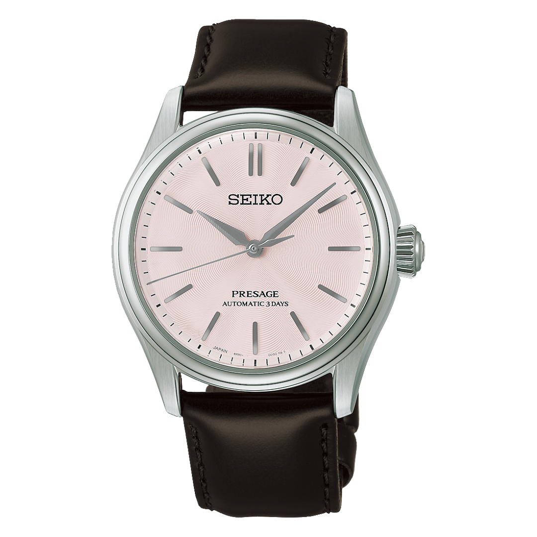 seiko light pink dial and brown leather strap automatic front view watch