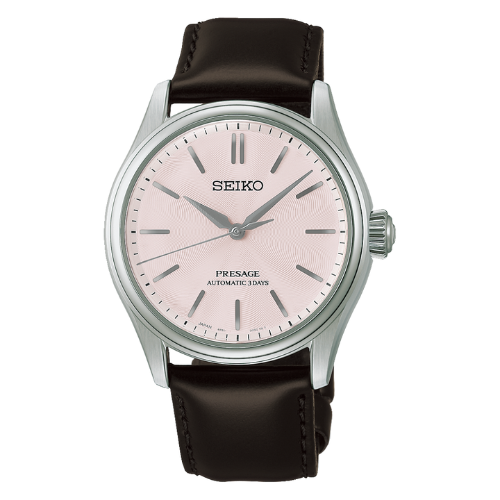 seiko light pink dial and brown leather strap automatic front view watch