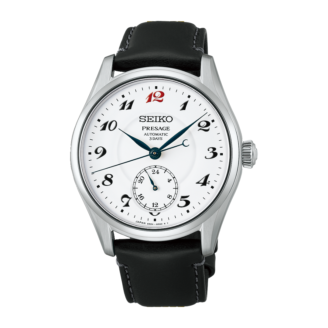 seiko presage classic series “Craftsmanship” white Enamel Dial with black leather strap automatic men watch front view