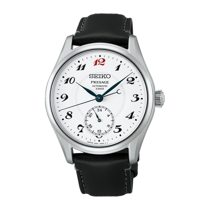 seiko presage classic series “Craftsmanship” white Enamel Dial with black leather strap automatic men watch front view