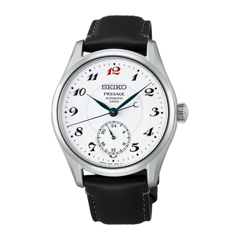seiko presage classic series “Craftsmanship” white Enamel Dial with black leather strap automatic men watch front view