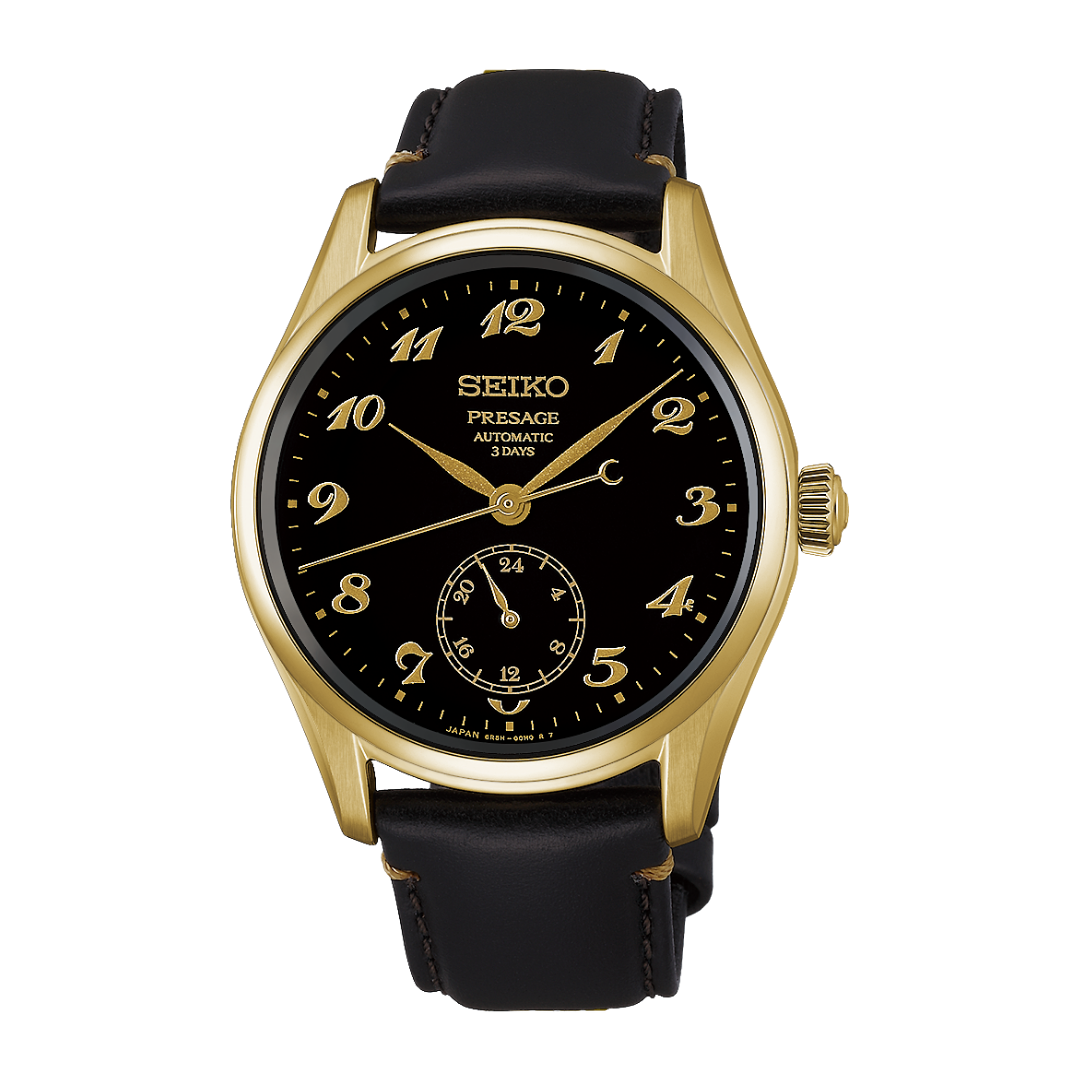 seiko presage classic “craftsmanship” black urushi lacquer dial and stainless steel case with yellow gold-colored plating and black leather strap men watch front view