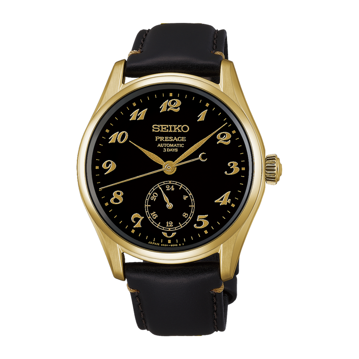 seiko presage classic “craftsmanship” black urushi lacquer dial and stainless steel case with yellow gold-colored plating and black leather strap men watch front view