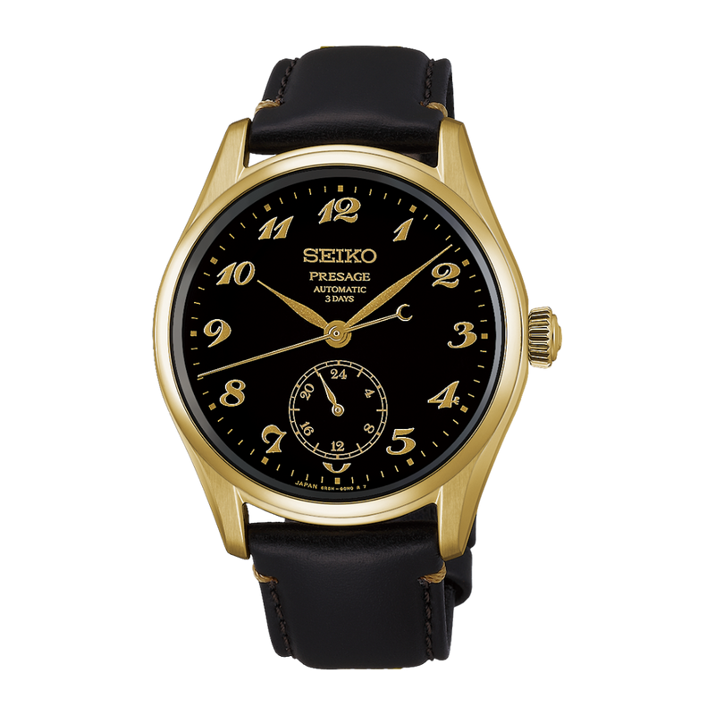 seiko presage classic “craftsmanship” black urushi lacquer dial and stainless steel case with yellow gold-colored plating and black leather strap men watch front view