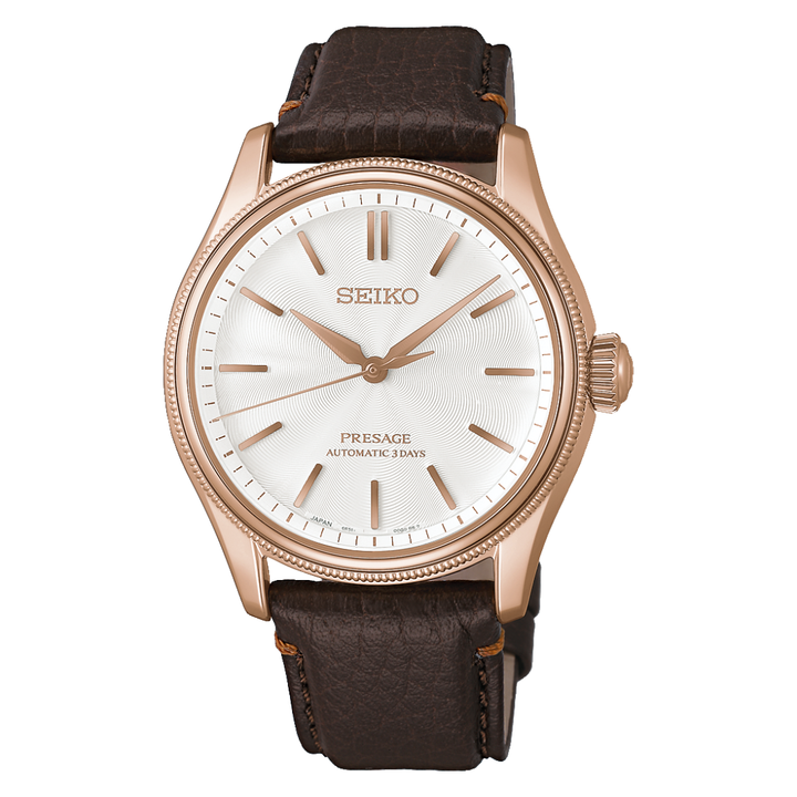 Seiko intricate dial pattern from tomioka silk with dark brown leather strap front view watch