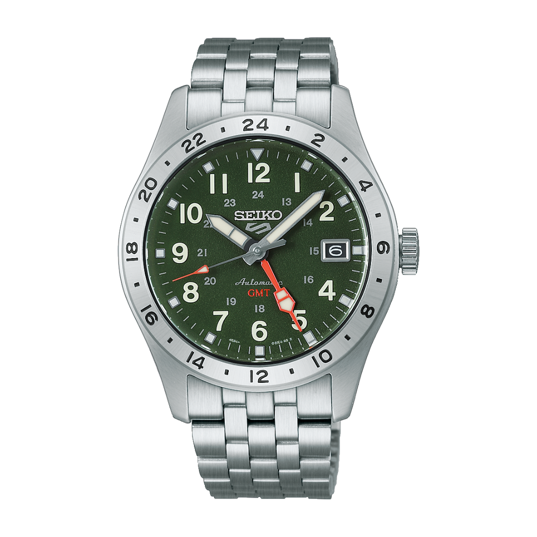 seiko 5 sports gmt army green dial stainless steel men watch front view