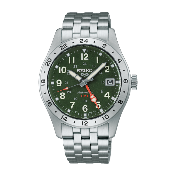 seiko 5 sports gmt army green dial stainless steel men watch front view