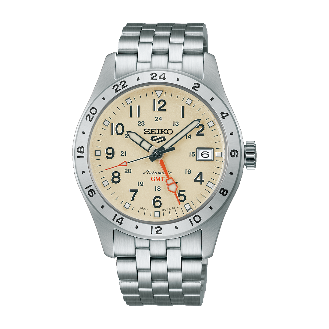 seiko 5 sports gmt cream dial stainless steel men watch front view