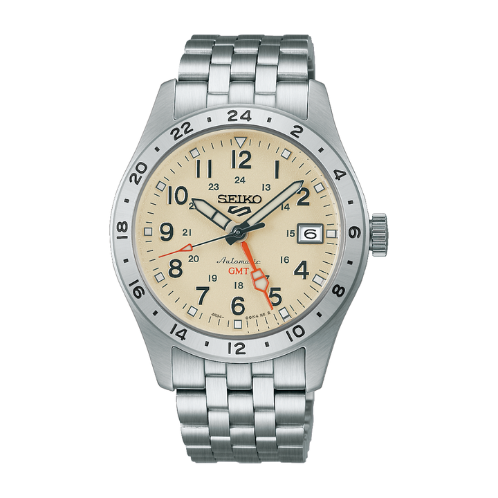 seiko 5 sports gmt cream dial stainless steel men watch front view