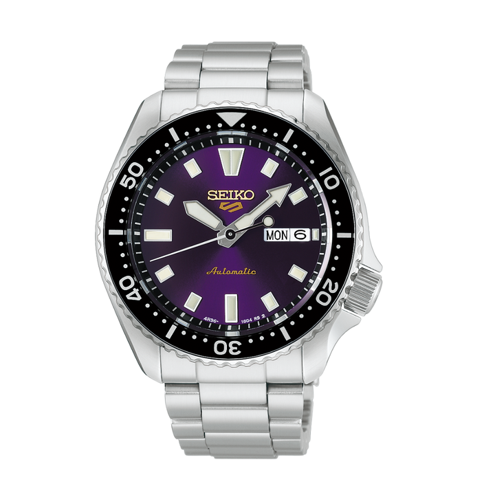 seiko 5 sports skx 145th anniversary limited edition in purple dial and silver stainless steel bracelet men watch front view
