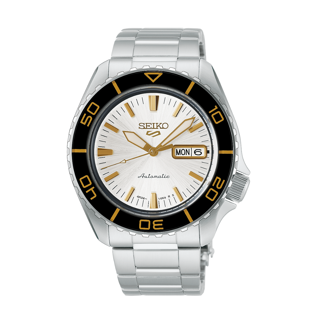 seiko 5 sports skx 3 hands date automatic in silver white dial and silver bracelet men watch front view