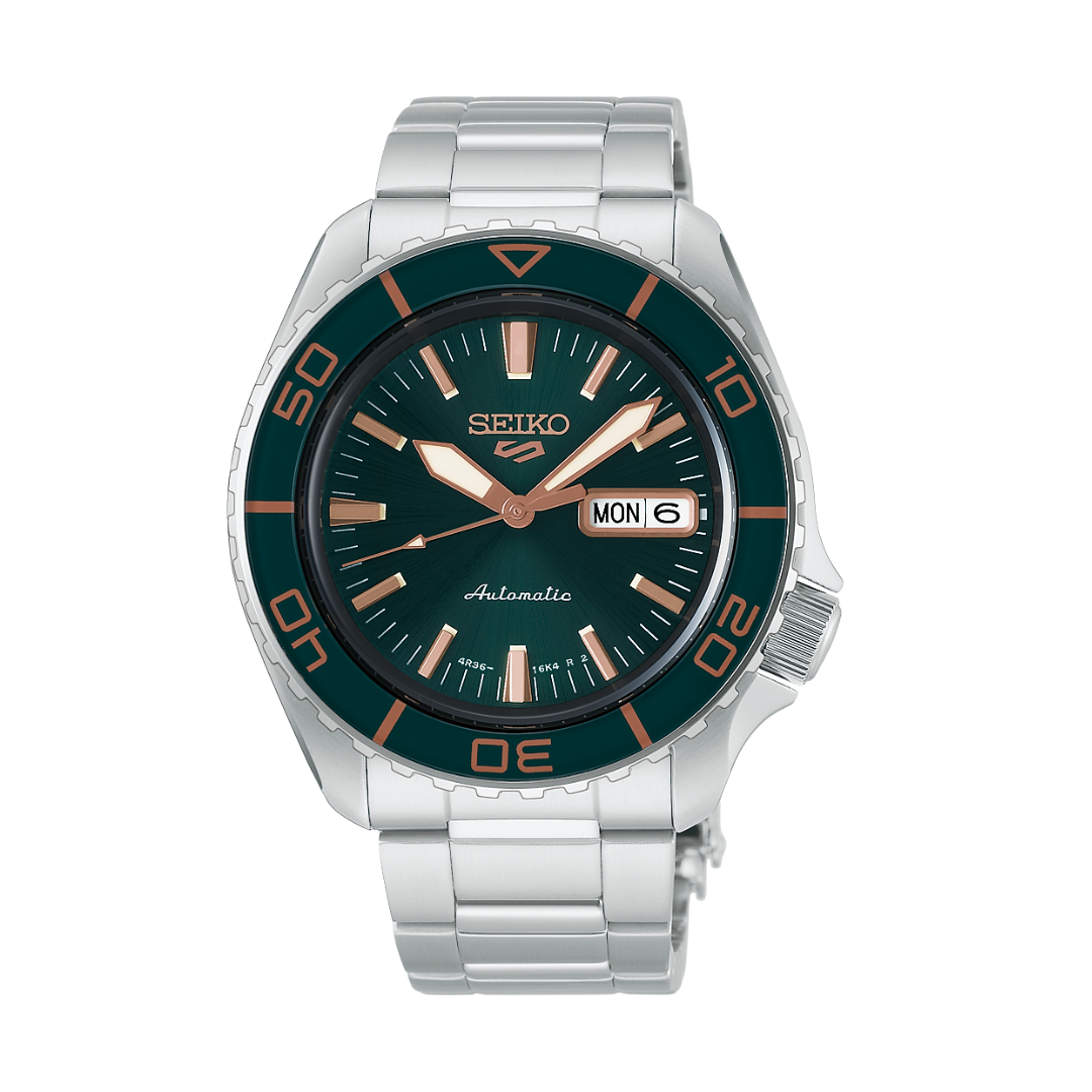 seiko 5 sports skx 3 hands date automatic in green dial and silver stainless steel bracelet men watch front view