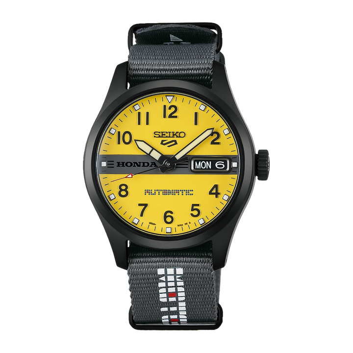 seiko honda motocompo 3 hands date yellow dial and nylon strap limited edition automatic men watch front view
