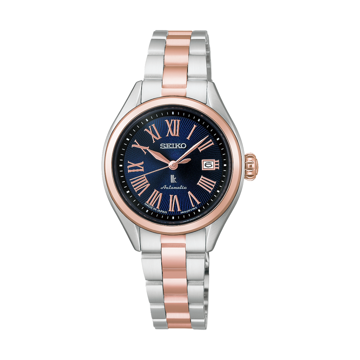 seiko lukia 3 hands date in blue dial with roman numeric and two-tone stainless steel bracelet automatic women watch