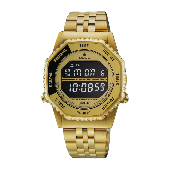 seiko sports digital gold tone stainless steel men watch front view