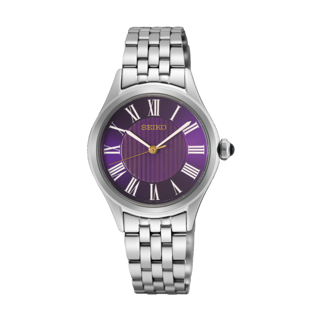 seiko 145th anniversary limited edition 3 hands quartz in purple dial and silver stainless steel bracelet women wactch front view