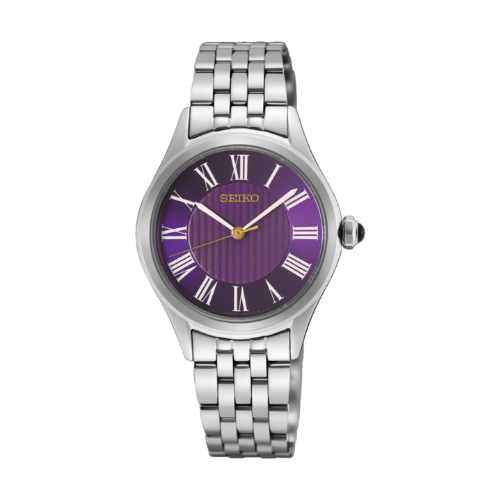 seiko 145th anniversary limited edition 3 hands quartz in purple dial and silver stainless steel bracelet women wactch front view