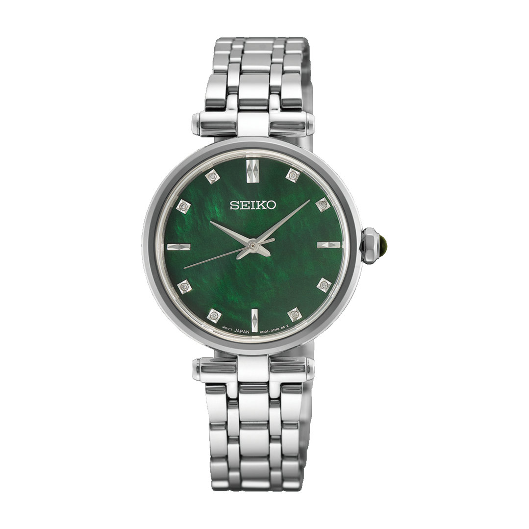 Seiko green mother of pearl dial with diamonds front view watch