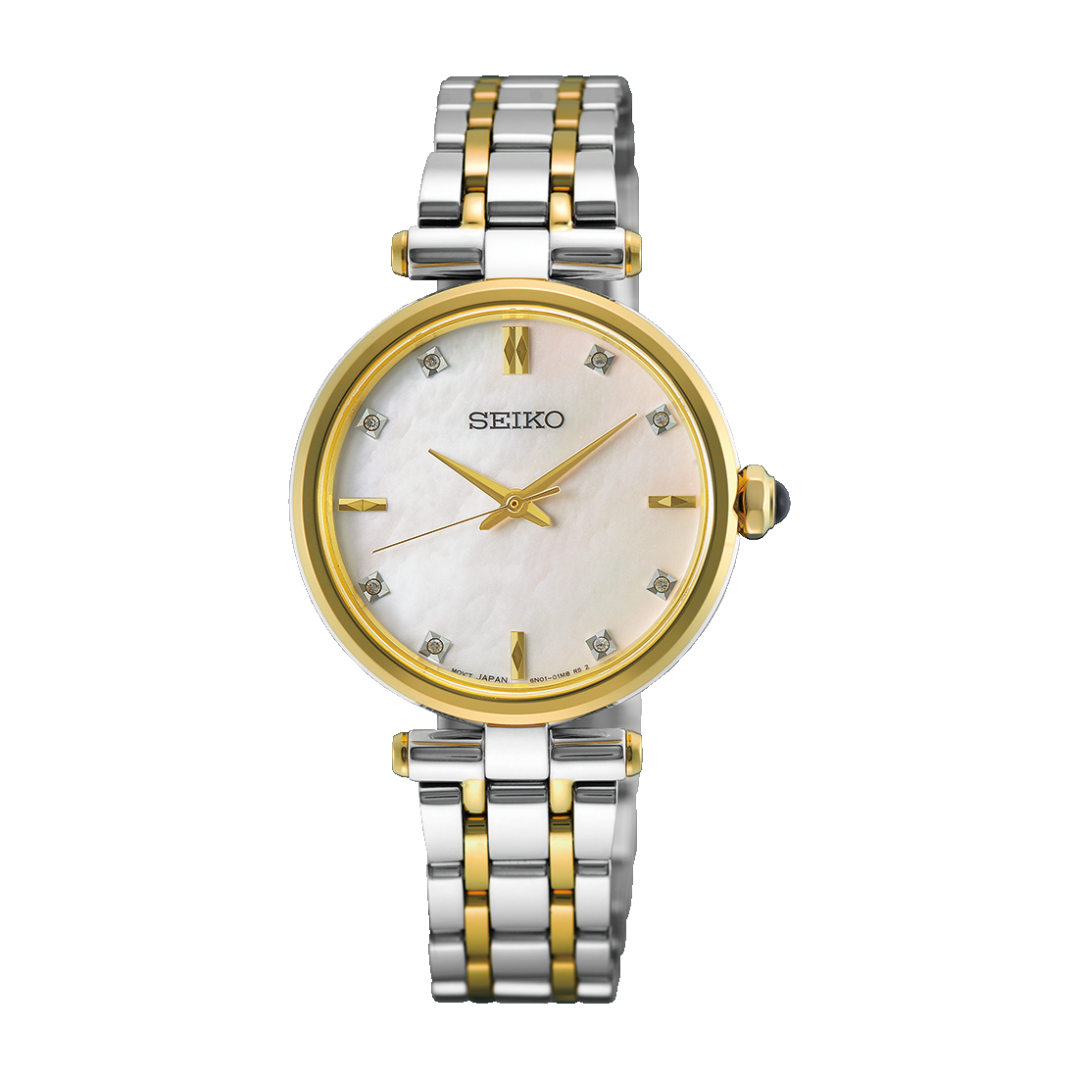 Seiko mother of pearl dial and two-tone bracelet women front view watch