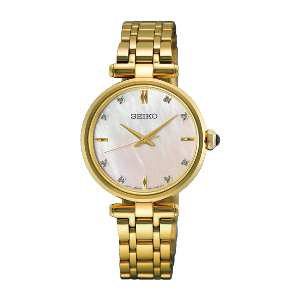 Seiko mother of pearl dial gold tone stainless steel bracelet front view watch