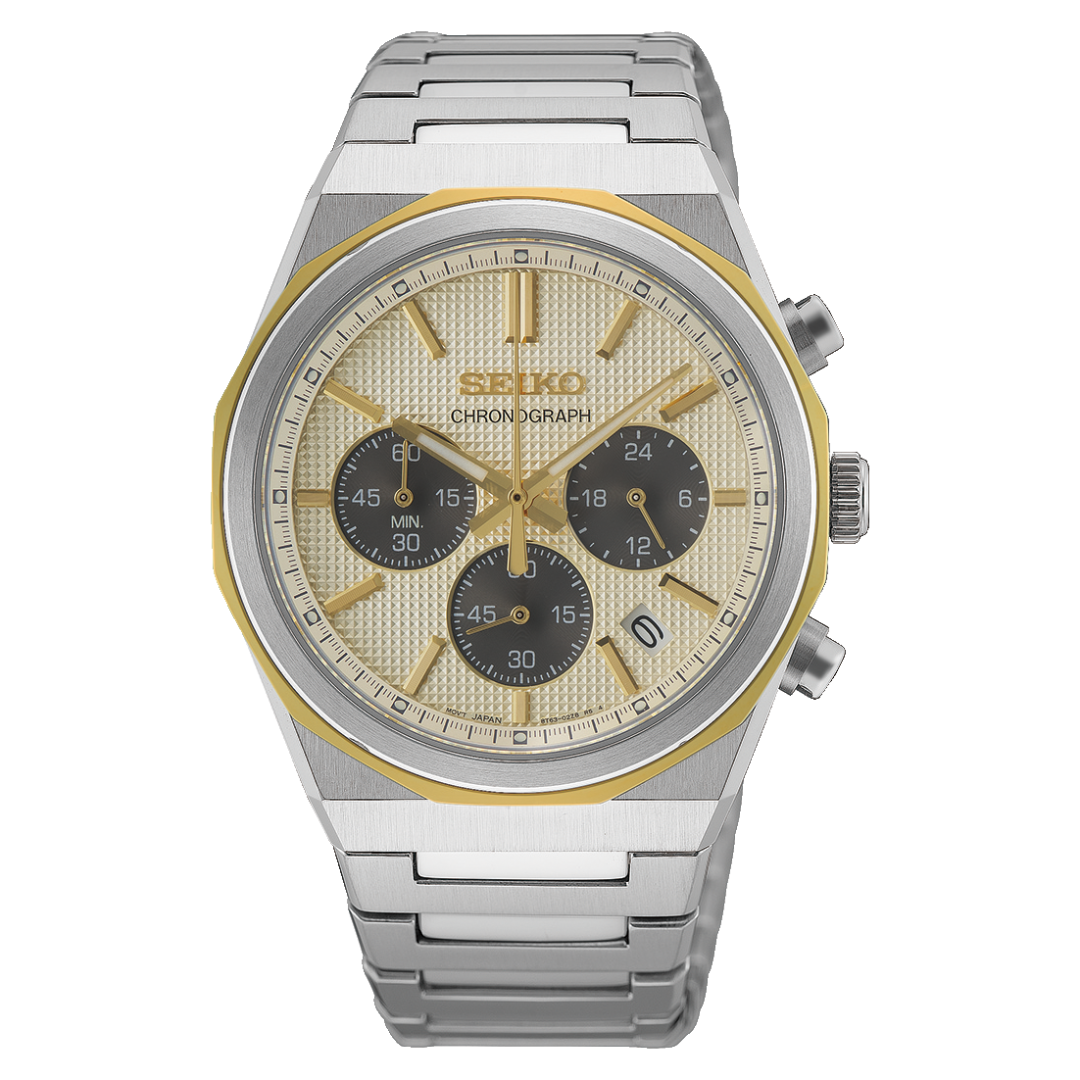 Seiko chronograph champagne colour dial silver bracelet front view men watch