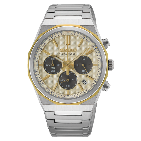Seiko chronograph champagne colour dial silver bracelet front view men watch
