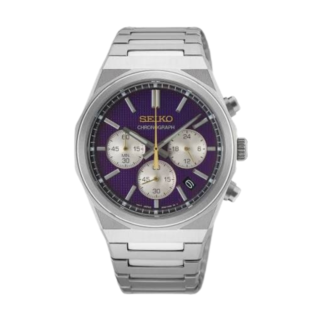 seiko 145th anniversary limited edition chronograph quartz purple dial and ilver stainless steel bracelet men watch front view