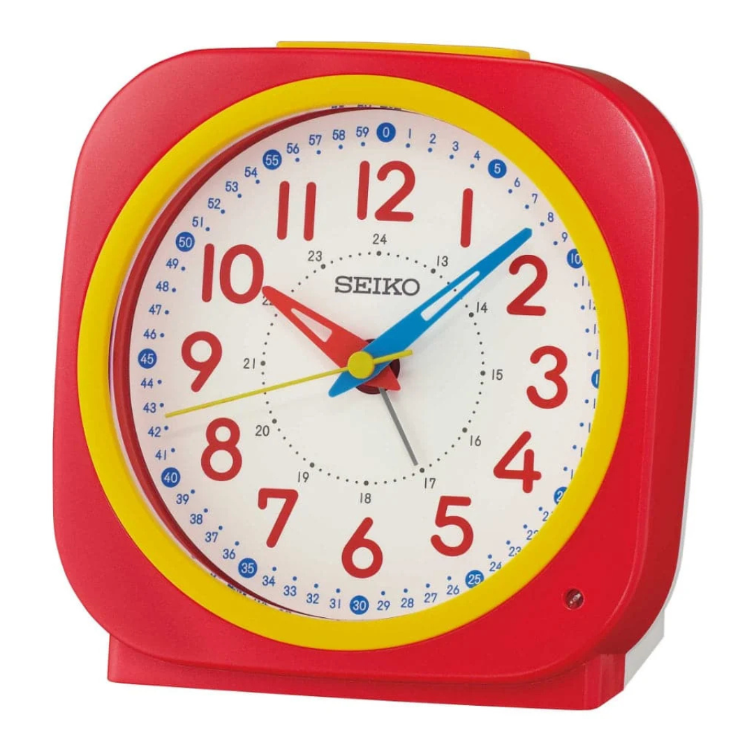 seiko red yellow alarm cock with red accents front view