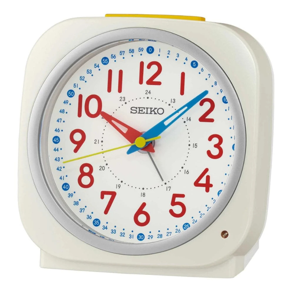 seiko pearlescent white with red accents alarm clock front view