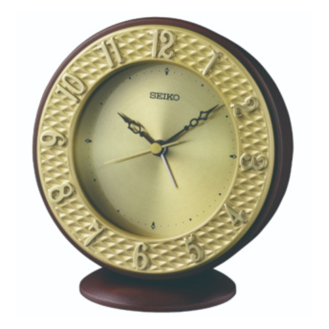 seiko gold tone with dark brown wooden case and aluminum dial desk table clock front view