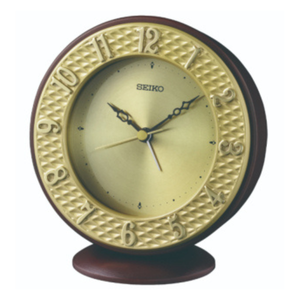 seiko gold tone with dark brown wooden case and aluminum dial desk table clock front view