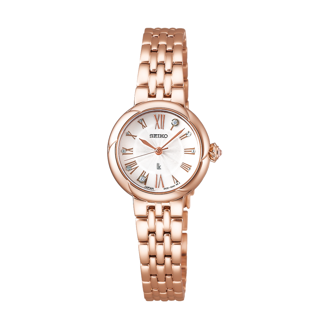 seiko 3 hands white dial with lab grown diamonds and roman numerals and rose gold stainless steel bracelet women watch front view