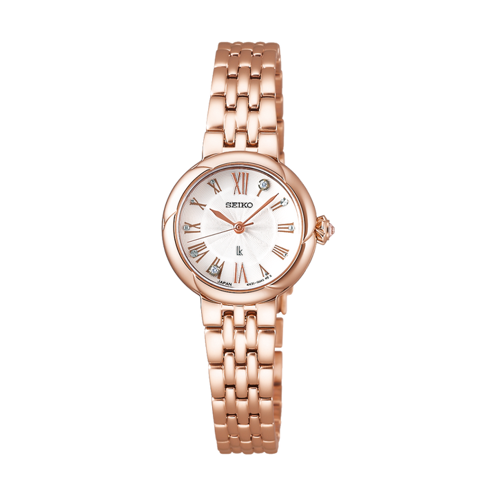 seiko 3 hands white dial with lab grown diamonds and roman numerals and rose gold stainless steel bracelet women watch front view